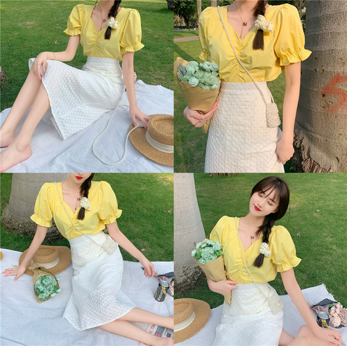 Real price Korean sweet drawstring V-neck top short sleeve shirt + high waist mid length jacquard skirt suit