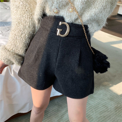 Korean fashion woolen casual shorts with high waist and black wide leg pants and boots