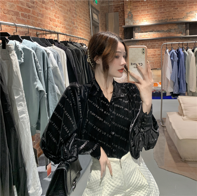 Real price European station letter printing loose black velvet shirt women's fashion version lantern bubble sleeve shirt