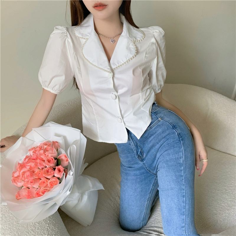Real shot real price Korean Short Sleeve Shirt Design feeling nail bead bubble sleeve shirt sweet suit collar short top