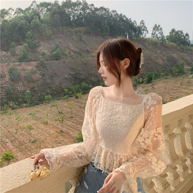 Real price super fairy retro square collar lace shirt women's gentle wind trumpet sleeve hook flower hollow out lace top