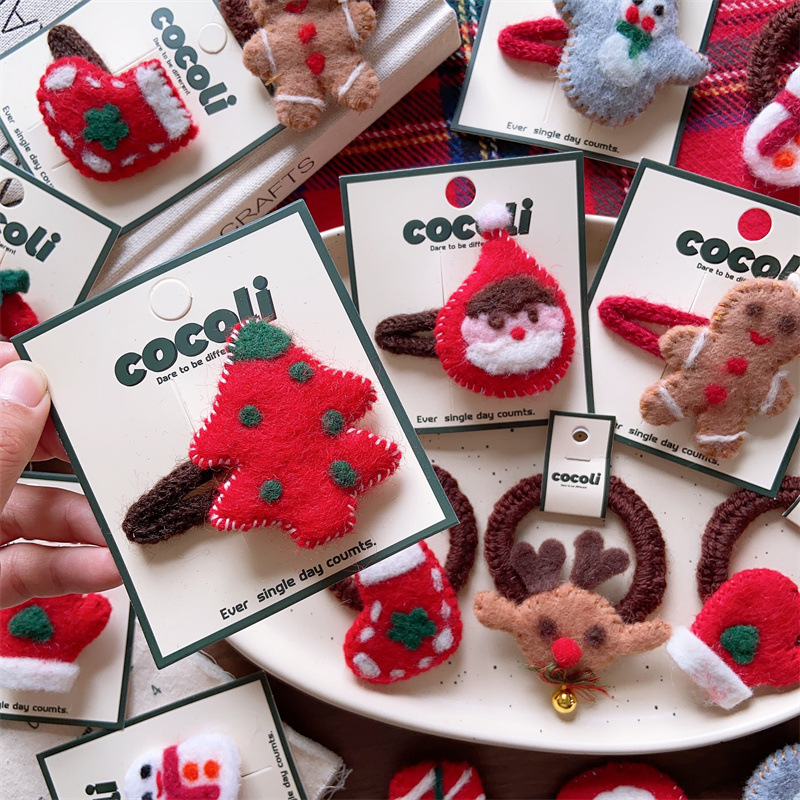 儿童圣诞节日发夹女童卡通人物鹿角BB夹礼物顶夹圣诞树粗毛线发圈