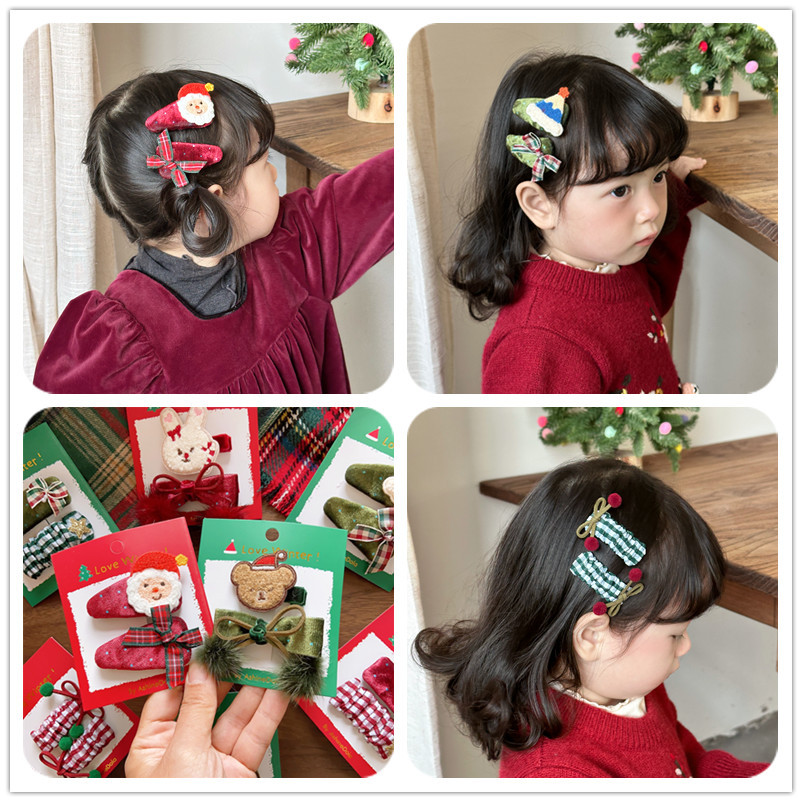 韩系儿童圣诞节日印花格纹织带BB夹布艺圣诞球发夹侧边夹刘海夹