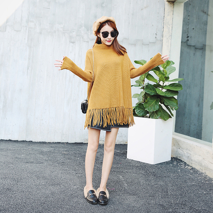 清仓特价 半高领流苏宽松蝙蝠袖中长款羊毛针织衫大毛衣女