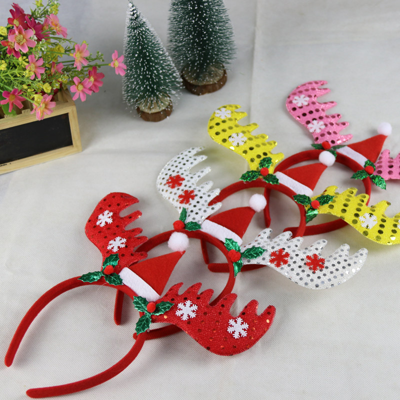 圣诞节头饰彩铃鹿角头箍羽毛鹿角五角星亮片头箍头扣成人儿童头扣