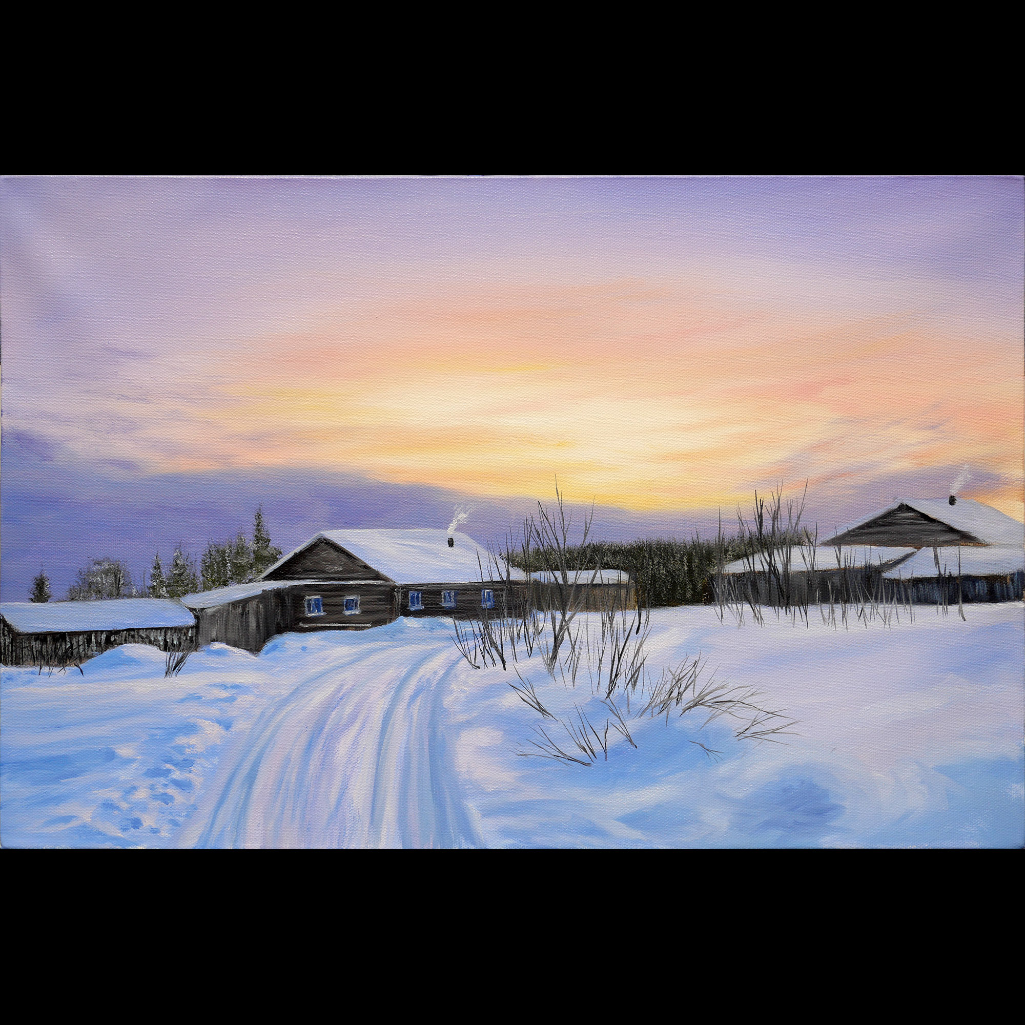 40*60cm 手绘 油画 风景 树 阳光 雪景 雪地 冰河 冬天 ljl涂