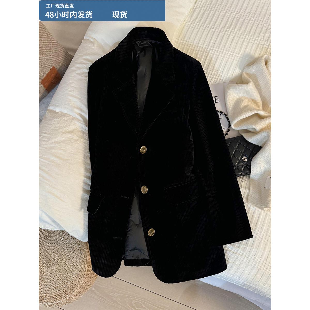 黑色韩版显瘦灯芯绒西装外套女2025年冬季新款加厚内里羽绒小西服