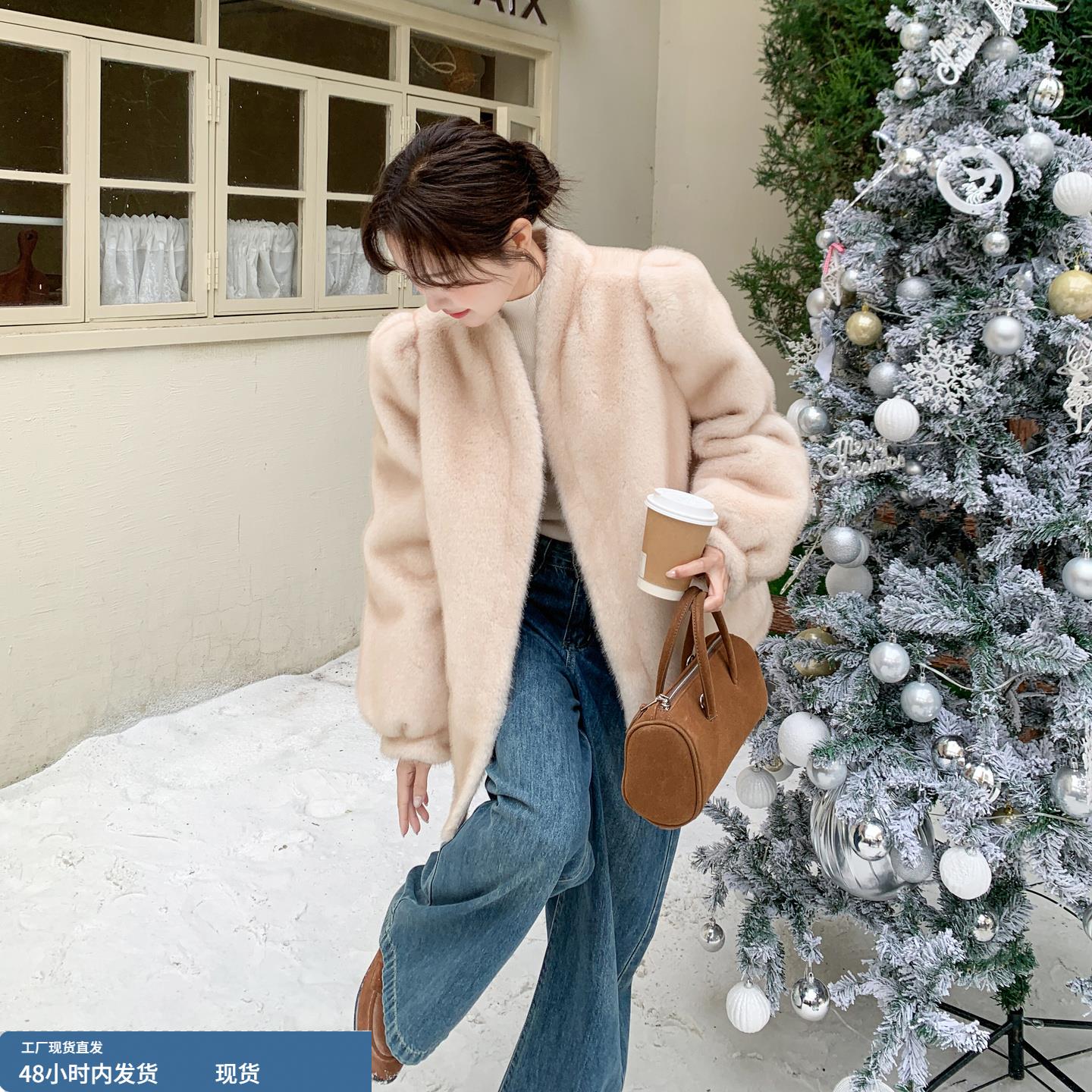 米色潮流水貂毛保暖外套女冬季2025年新款设计感轻奢风毛茸茸上衣