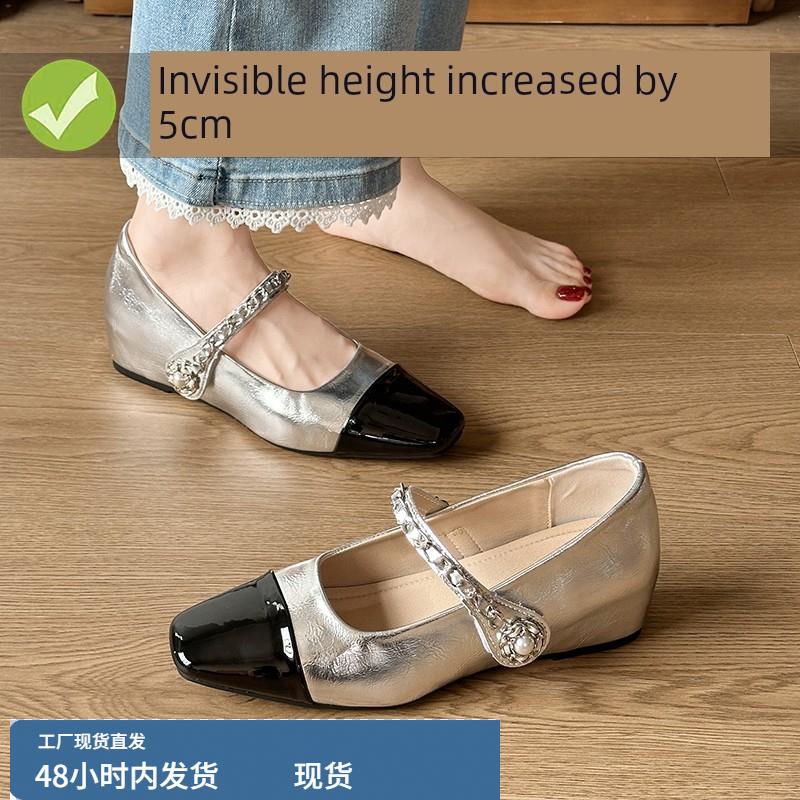 羊皮版~小高度增加女鞋3233码法国高端多功能银色玛丽简女鞋