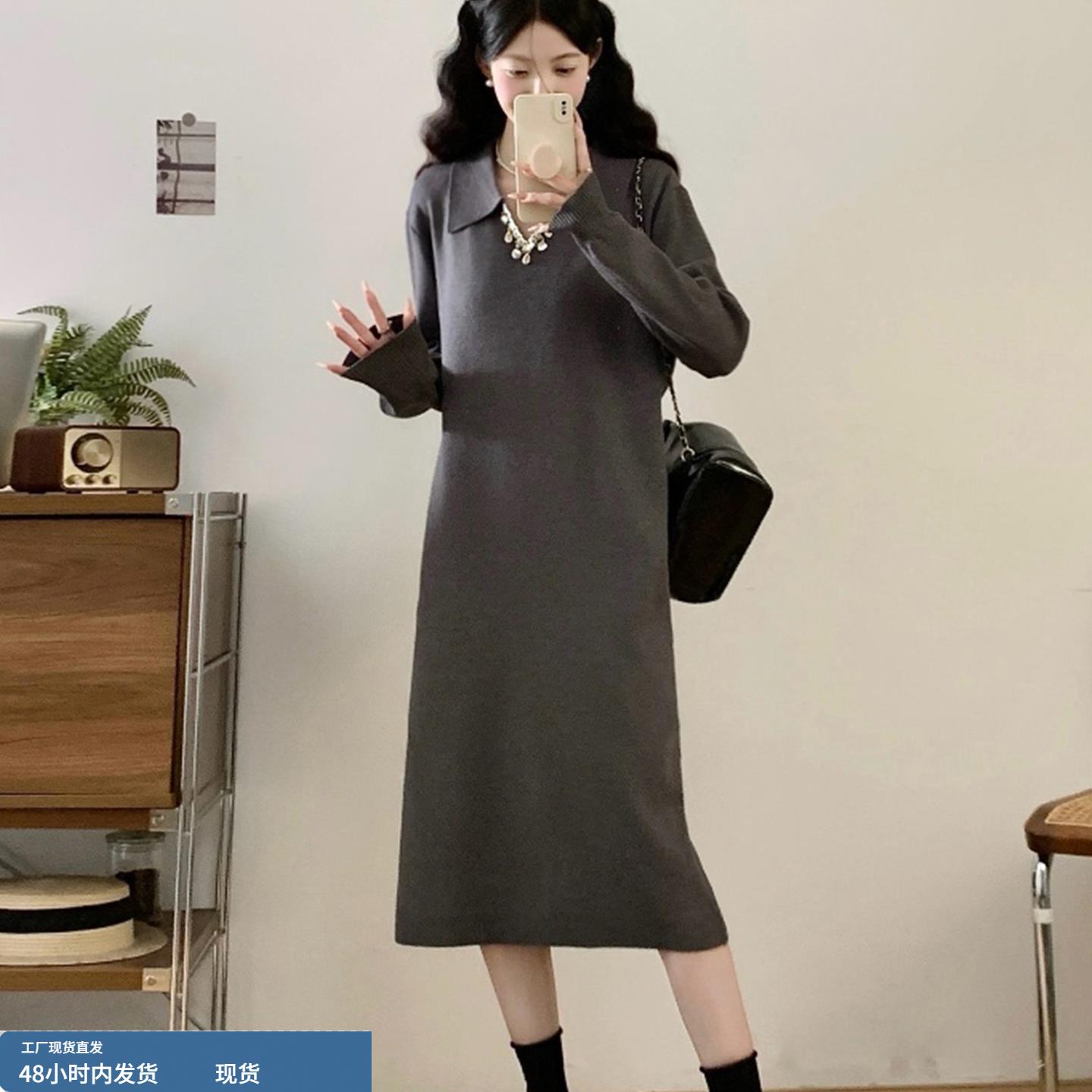 高级感灰色针织连衣裙女2025秋冬大码女装巨显瘦配大衣打底毛衣裙