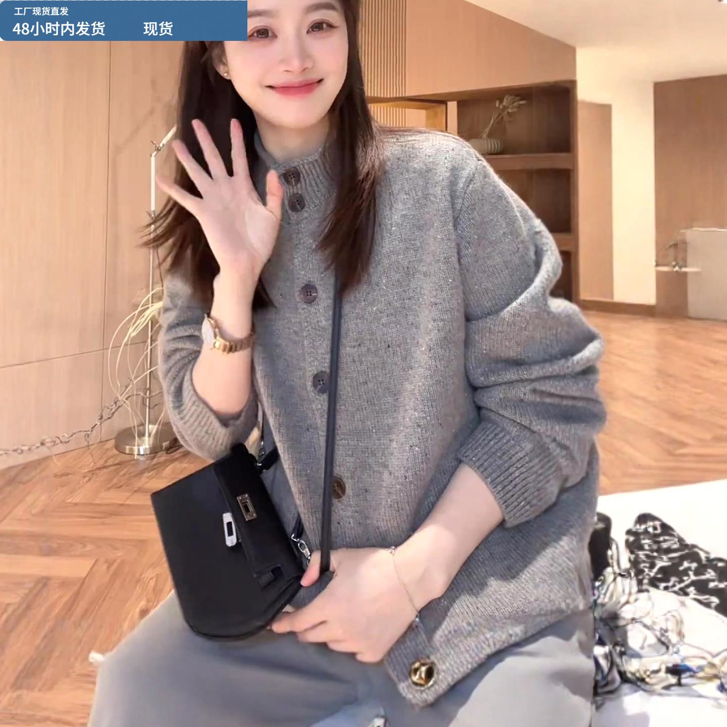 半高领灰色针织开衫毛衣女款冬季2025新款爆款慵懒高级感针织上衣