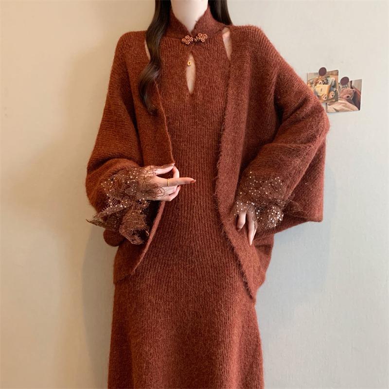 国风盘扣针织旗袍连衣裙开衫两件套女秋冬大码时尚气质显瘦套装裙