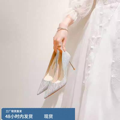 银色禾秀婚纱两穿婚鞋女小码313233礼服宴会法式高跟鞋大码41一43