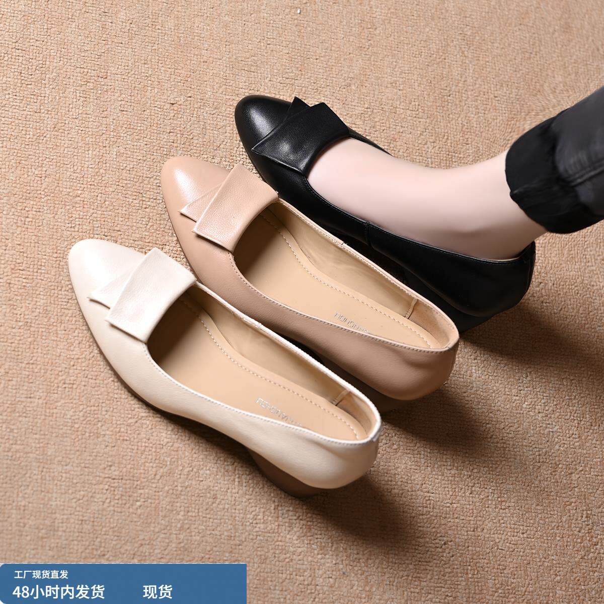 头层牛皮皮鞋女低跟一脚蹬女鞋真皮浅口单鞋通勤粗跟职场工作鞋女