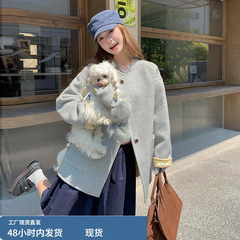 浅灰撞色双面毛呢外套女冬季独特巨好看高级感韩系小个子呢子大衣