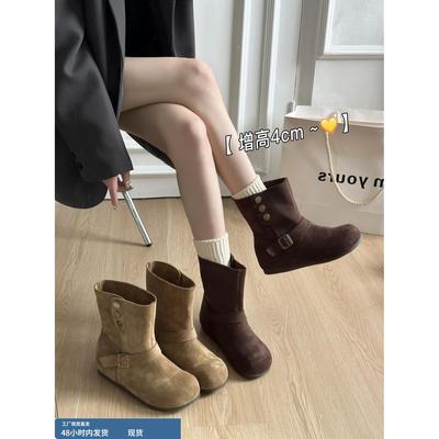 内增高覆古圆头短筒勃肯短靴子女2025秋冬季新款瘦瘦靴爆款马丁靴