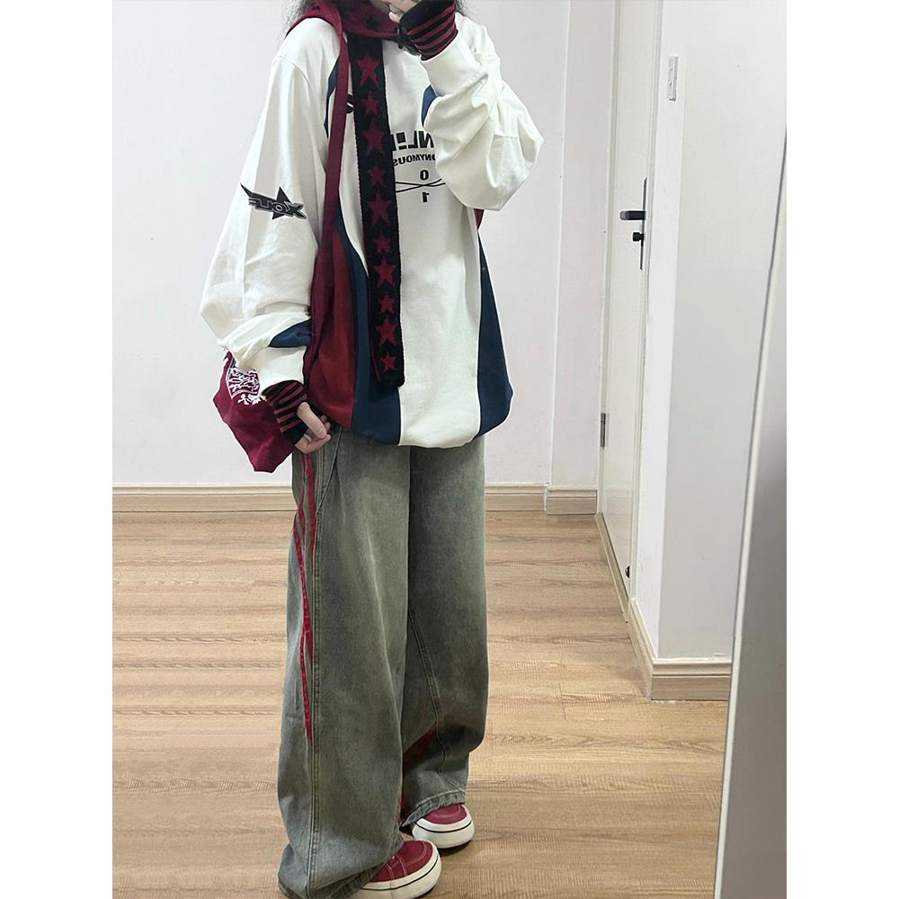 美式高街多巴胺圆领套头卫衣女秋冬潮牌慵懒oversize无帽内搭上衣