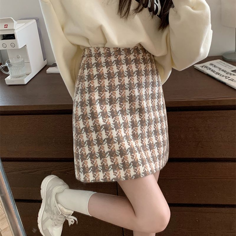 大码胖mm千鸟格毛呢半身裙女秋冬季新款高腰格子包臀裙遮胯短裙子