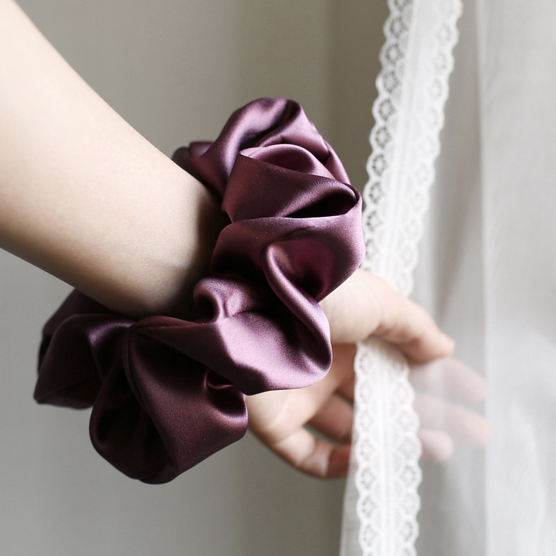 满28包邮100%真丝大肠发圈气质冷艳高贵烟熏紫超显白小众色系发饰