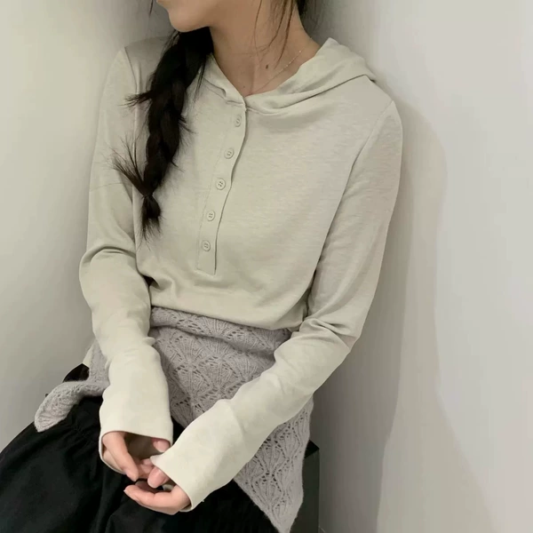 MUYi韩系秋款女装日韩时尚连帽纯色气质长袖半亨利领连帽打底显瘦