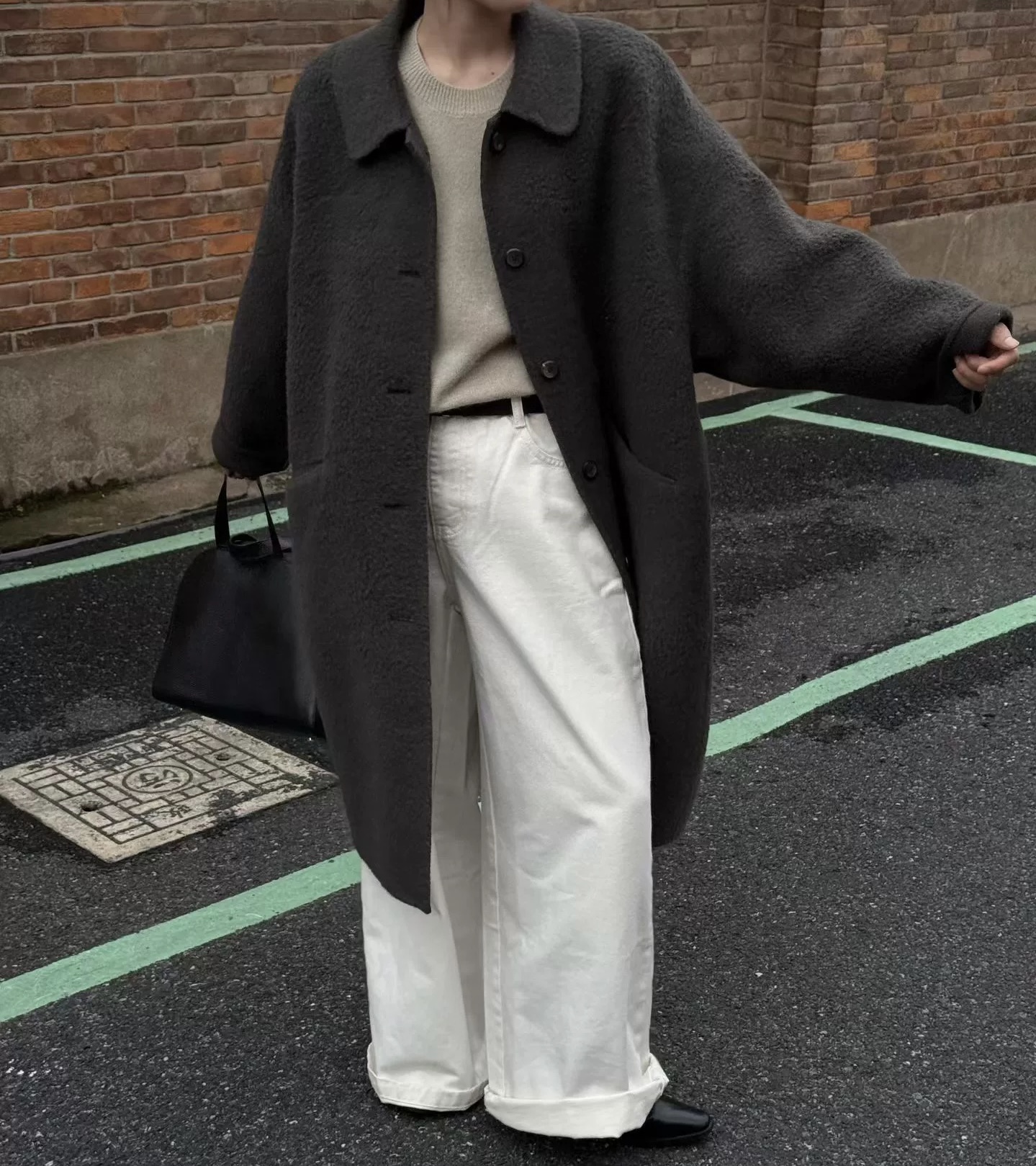 MUYi 韩系正品羊毛大衣外套中长款小翻领单排扣纯色气质外套