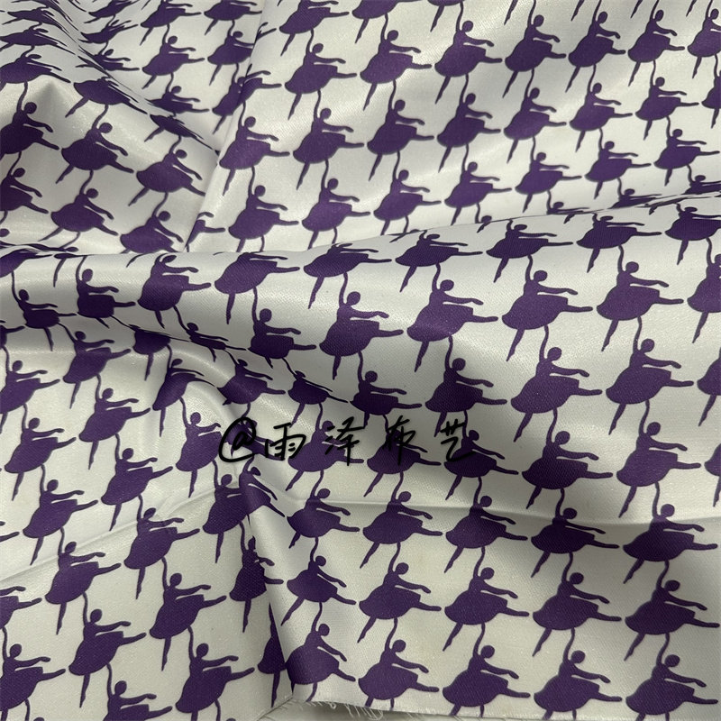 春夏款白色 紫色芭蕾舞演员印花全棉微廓缎感时装布料 衬衫连衣裙