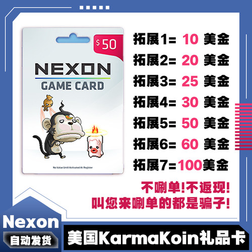 美国Nexon国际服POE/DFO冒险岛Karma Koin点卡KK卡 10 50 100美金