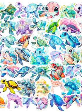 50张蓝色海龟卡通可爱贴画笔记本电脑手机保温杯滑板吉他头盔贴纸