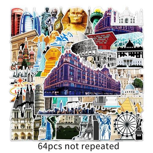 64张旅行箱城市地标建筑简约贴画
