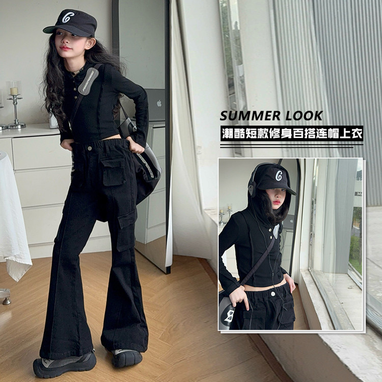 女童牛仔喇叭裤2025辣妹时髦连帽上衣工装马蹄裤女孩炸街长裤子