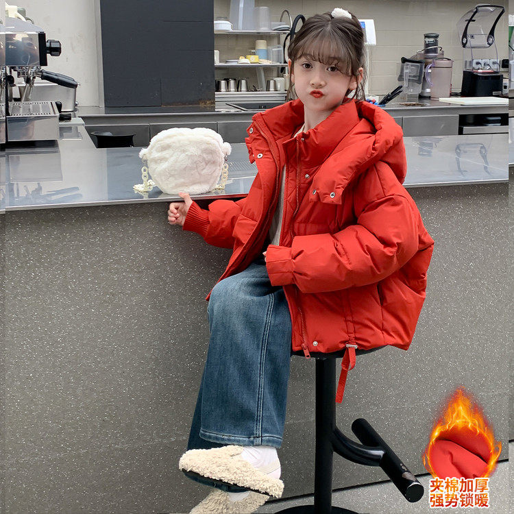 女童棉服冬装2025新款洋气儿童女孩冬季加厚羽绒棉衣红色棉袄外套