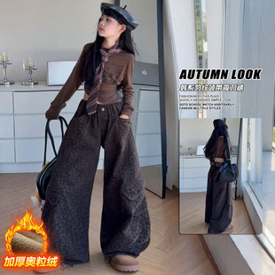 女童加绒裤子2025新款儿童加厚豹纹领带弯刀裤女孩百搭潮流秋冬装