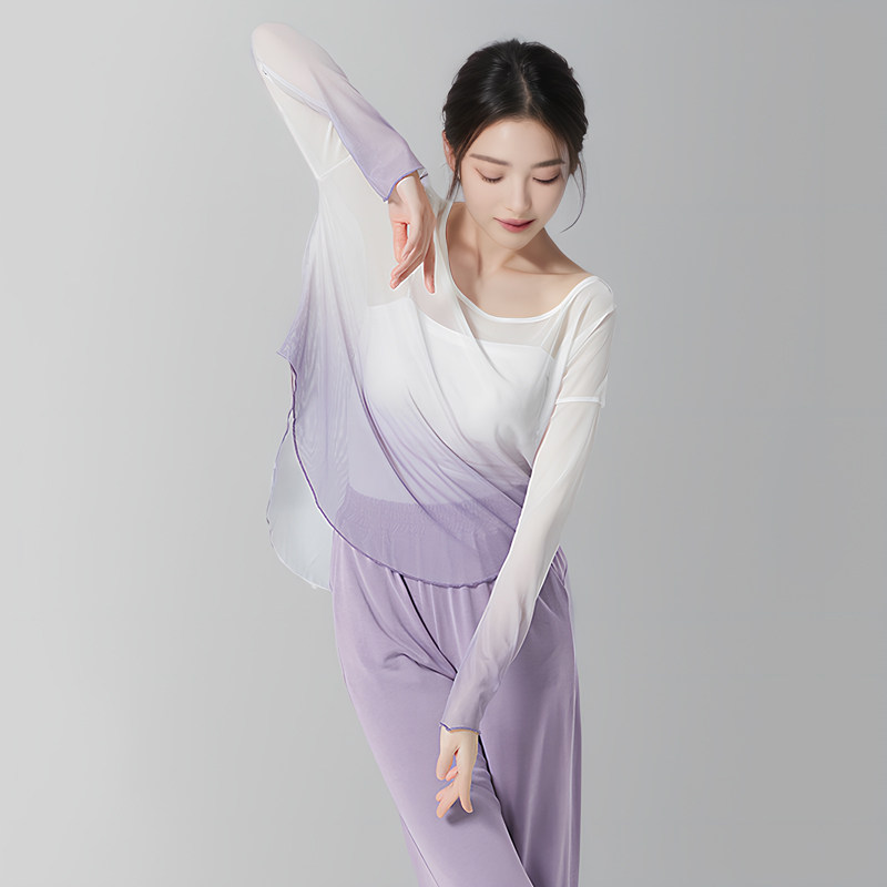 古典舞服渐变色宽松版大码微胖女孩落肩长袖纱衣身韵现代舞练功服