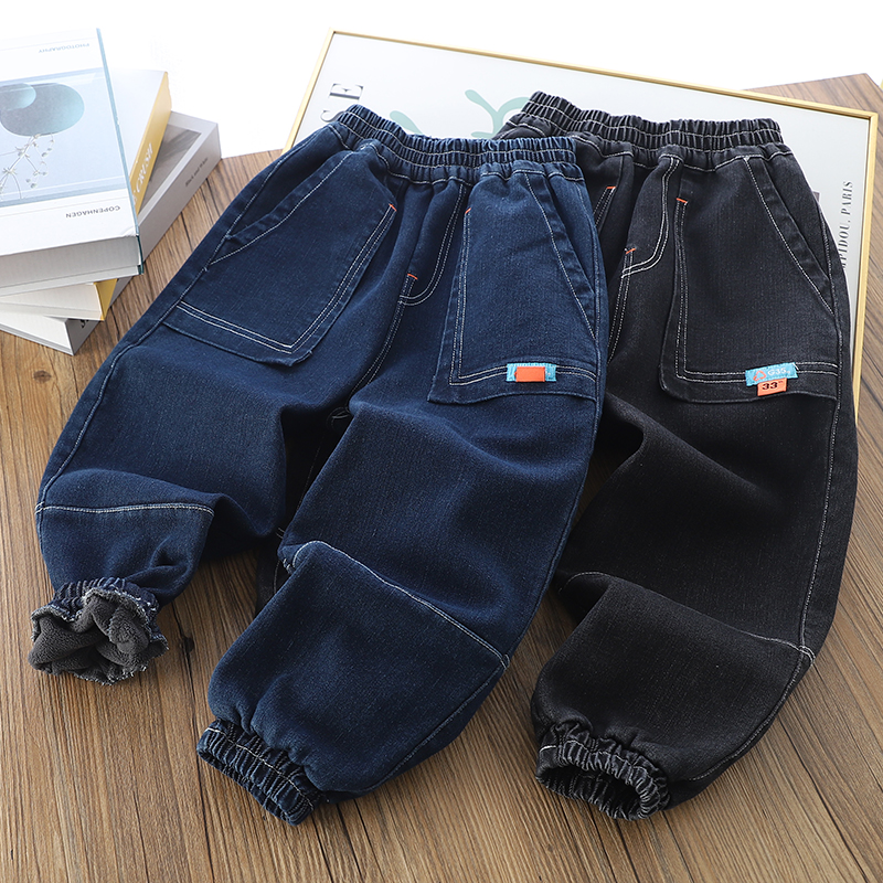 男童加绒明线束脚长裤牛仔裤