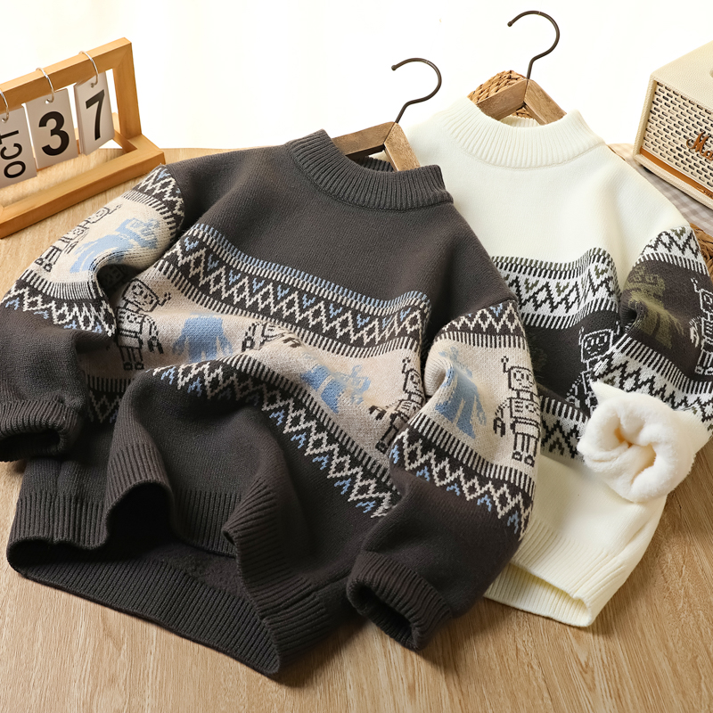 男童加绒毛衣2025新款儿童冬装保暖男孩冬季上衣打底一体绒针织衫