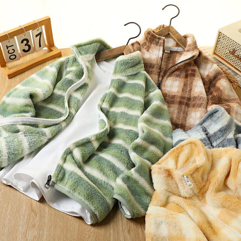 男童长毛绒条子外套2025儿童冬季款摇粒绒内搭中大童保暖立领衣服