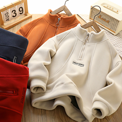 男童冬季加厚加绒立领卫衣2025秋冬季中大童半拉链双面绒保暖上衣