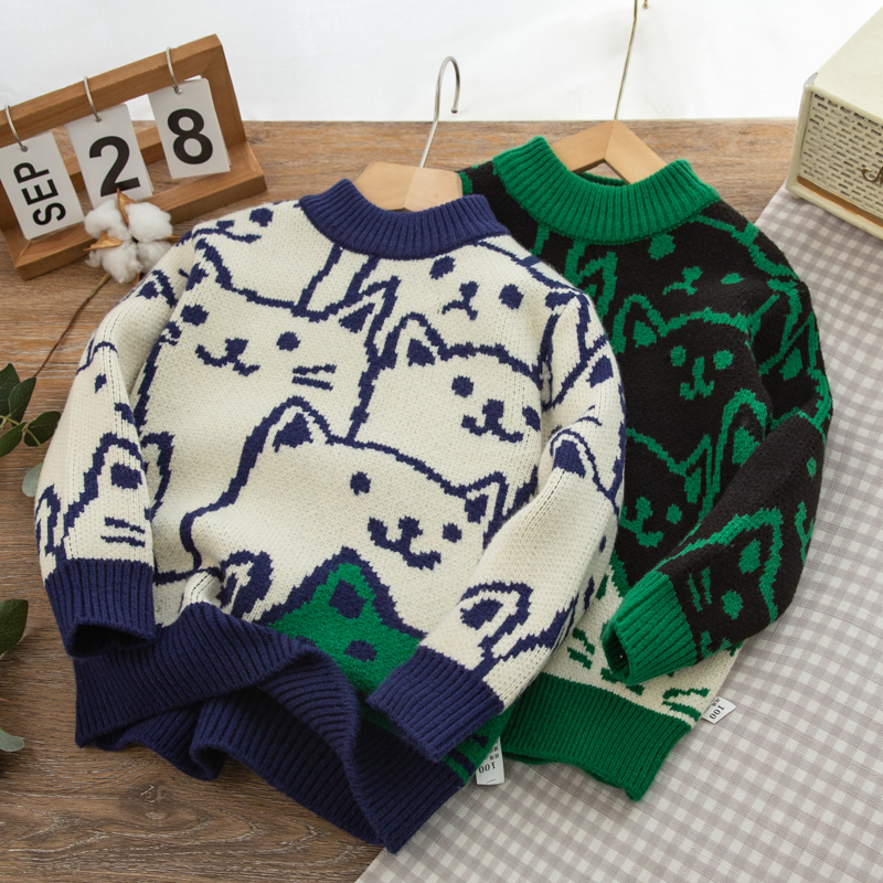 儿童毛衣男童秋冬新款中大童秋冬季圆领洋气提花加厚保暖套头衫