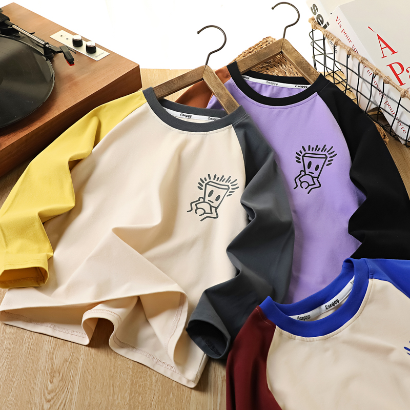 X男童长袖T恤秋款2025儿童上衣中大童男孩撞色插肩袖休闲打底衫