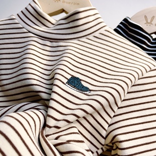 德绒 男童半高领保暖打底衫2025秋冬季儿童条纹保暖衣洋气长袖T恤