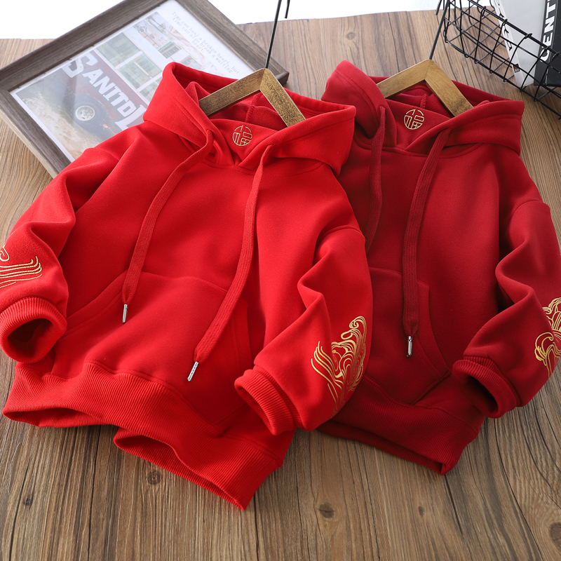 男童红色卫衣2025新冬款蛇年拜年服儿童本命年过年衣服一体绒保暖