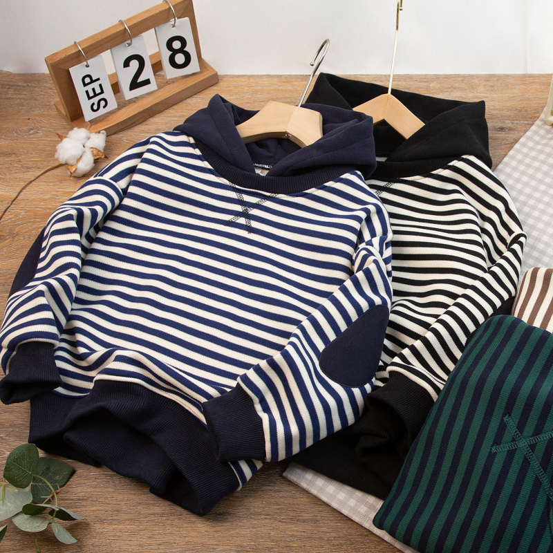 秋冬季男童休闲条纹加绒连帽衫