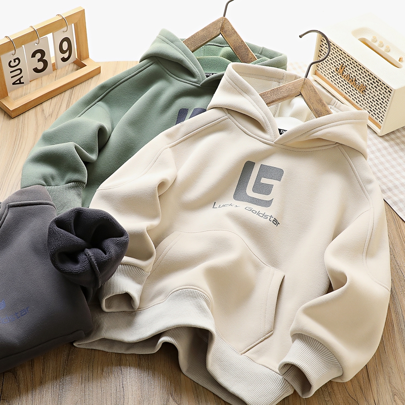 男童连帽秋冬季新款中大童字母印花加绒卫衣儿童装保暖休闲打底潮