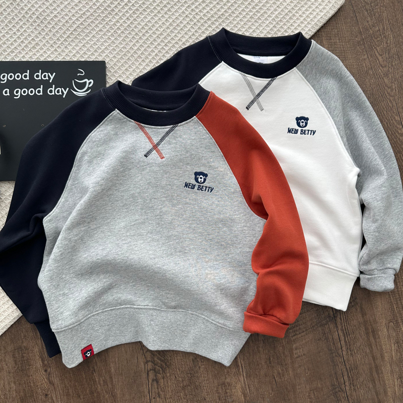 男童圆领卫衣春秋款2025新款儿童装插肩撞色上衣中大童衣服打底衫