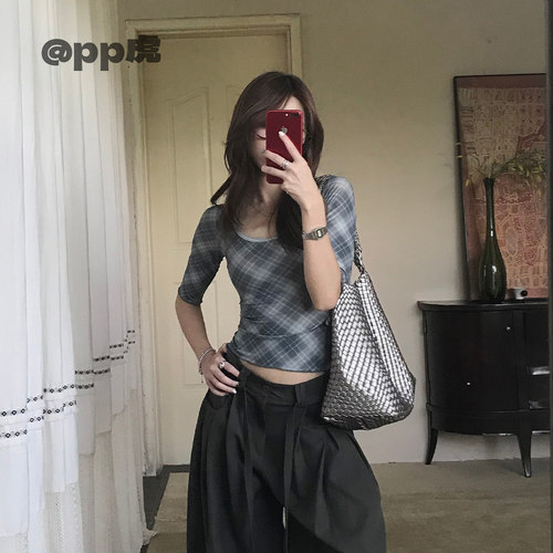 pp虎''凉凉五分袖''复古格子网纱女夏薄款短袖上衣T26661