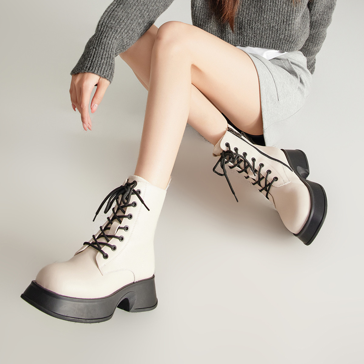 fed头层牛皮秋冬真皮女鞋百搭松糕厚底靴子女短靴骑士靴马丁靴女