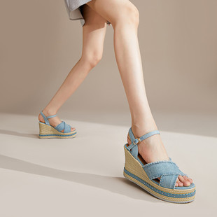 女鞋 新款 牛仔交叉带坡跟凉鞋 女款 ZF018 fed松糕厚底凉鞋 R0624 夏季