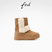 fed保暖羊毛秋冬真皮加绒耐磨厚底靴子女中筒毛毛靴棉靴雪地靴女