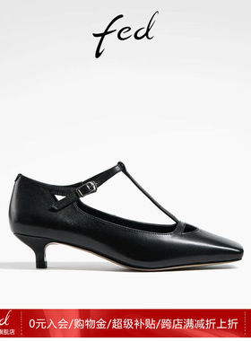 FED方头单鞋春季新款女鞋羊皮通勤鞋黑色玛丽珍鞋女款D0302-YA609