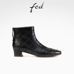fed里外全羊皮秋冬女鞋真皮百搭粗跟靴子女靴短靴切尔西时装靴女